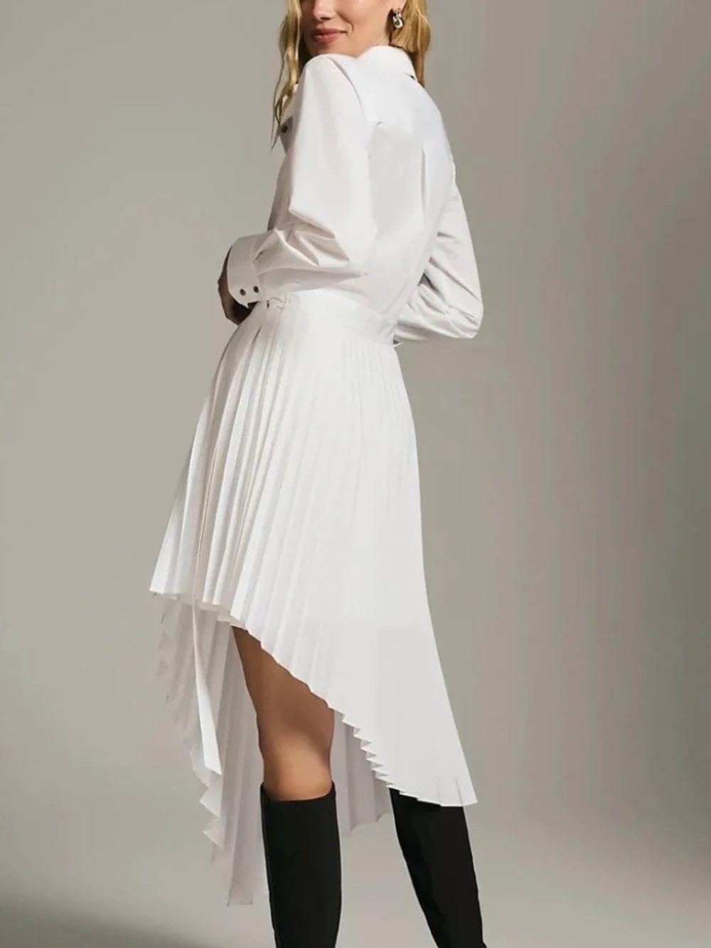 Anthropologie Maeve White Pleated Poplin Stretch Long Sleeves Dress Size 10 - Picture 8 of 8